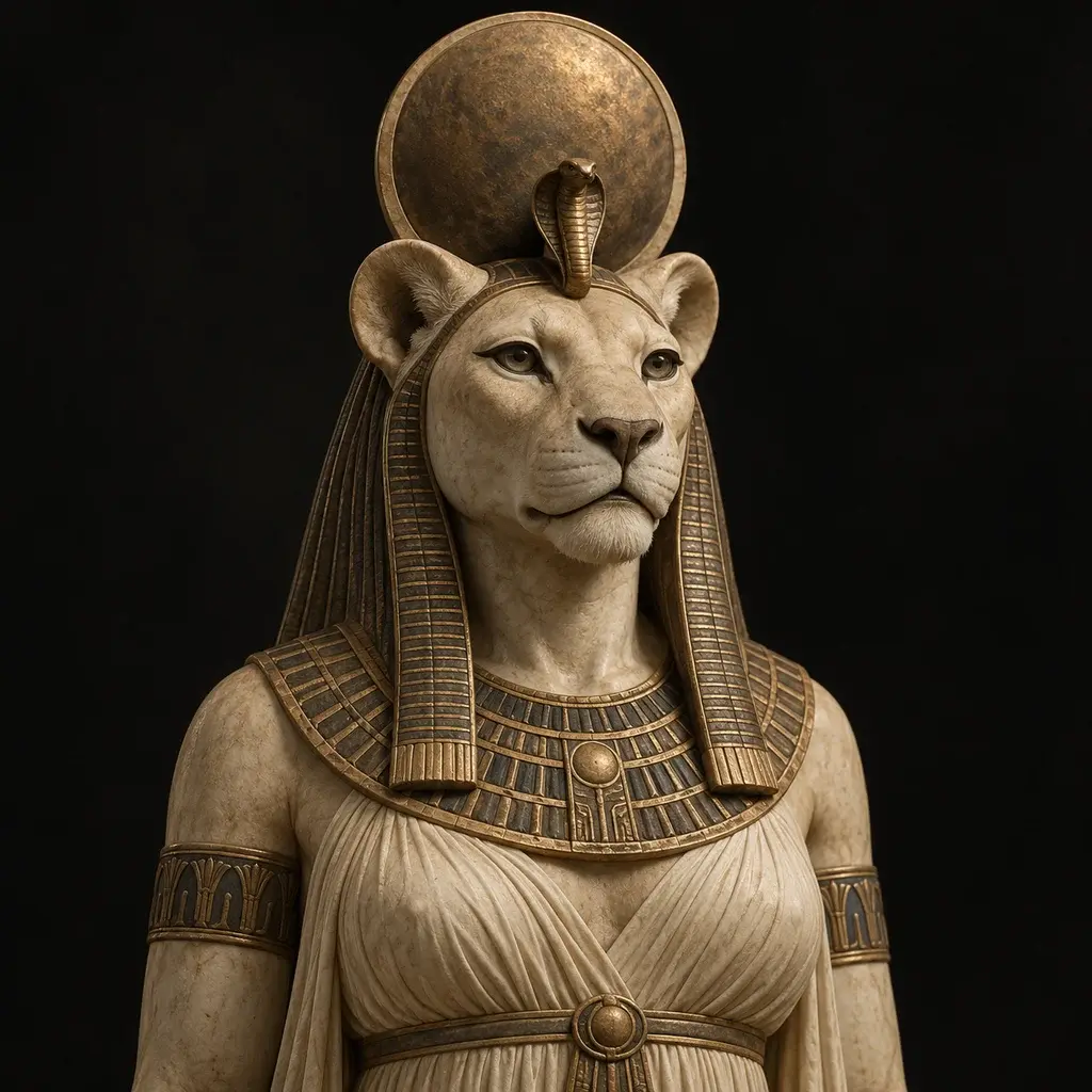 Sculptural portrait of the lioness-headed Sekhmet with a solar disk