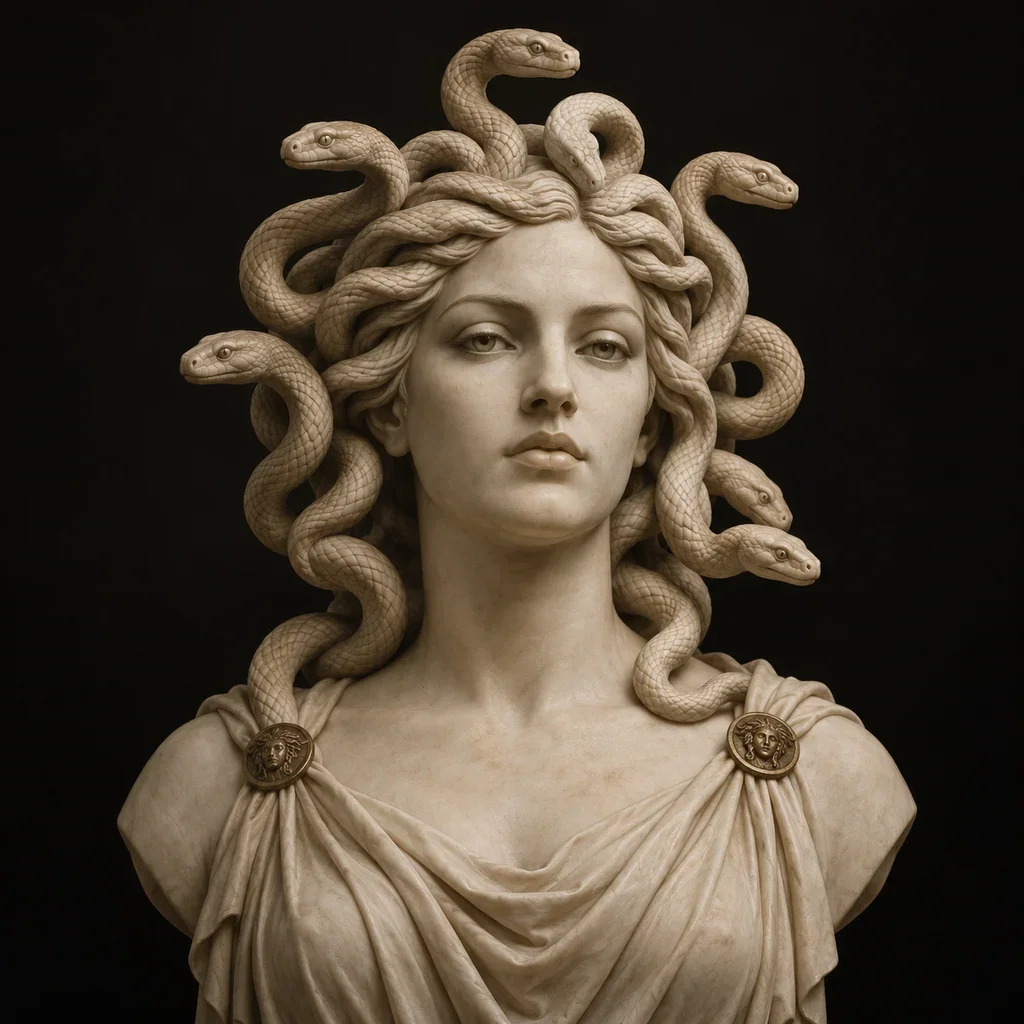 Sculptural portrait of Medusa with snakes woven through her hair