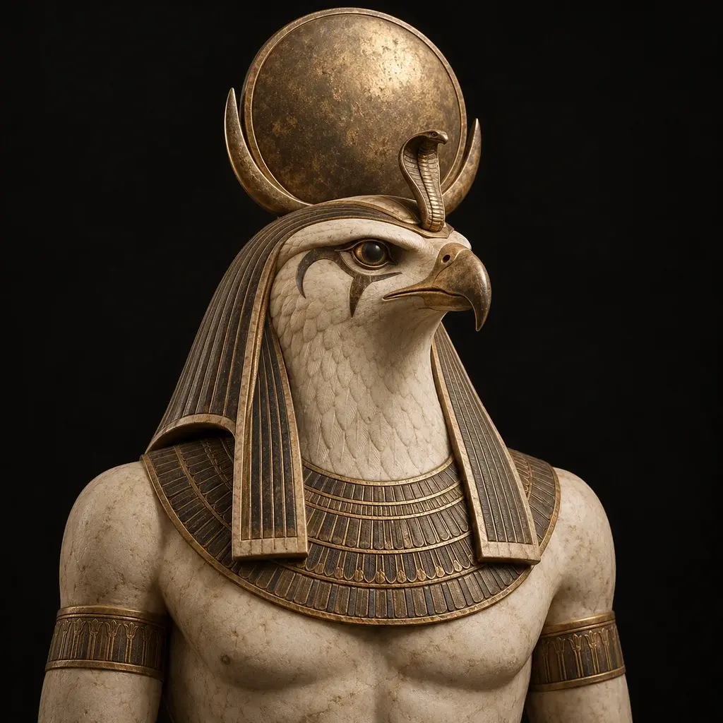 Sculptural portrait of the falcon-headed Ra with a solar disk